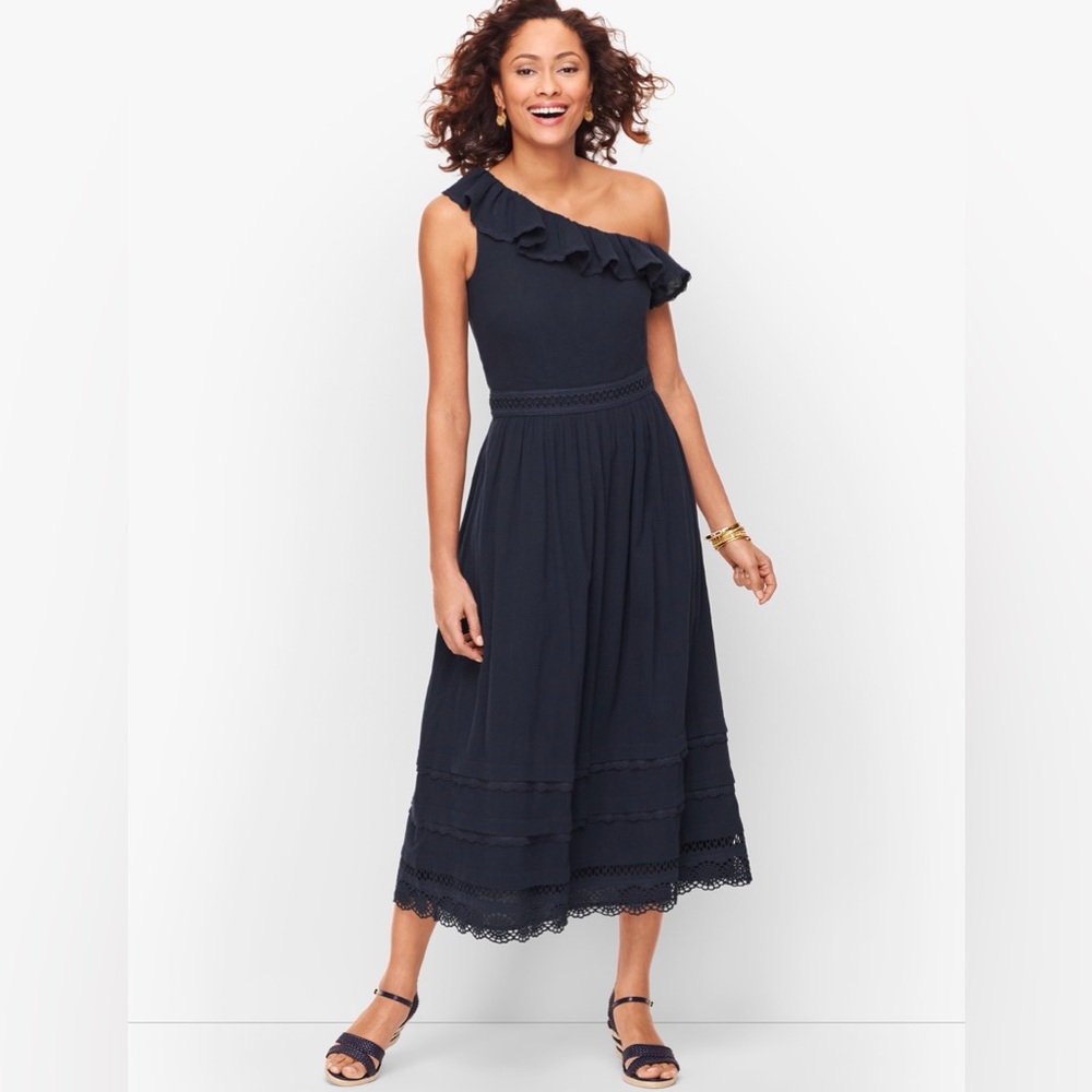 EUC TALBOTS NAVY ONE SHOULDER RUFFLE MIDI DRESS Sz 12